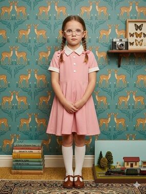 Wes Anderson Style Twee Girls' Classic Pink Peter Pan Collar Dress